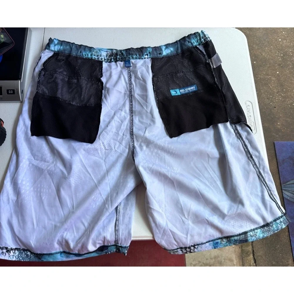 Reel‎ Legend Board Shorts Mens XL Blue White Swim Trunks Pockets Adjustable Surf